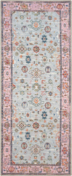 GLN Rugs Traditional Collection - Machine Washable Area Rug, Traditional Washable, Non Slip, Low Pile Chenille Rug, Living Room, Bedroom, Kitchen Rug (2'6" x 10' Pink/Blue/Multicolor)