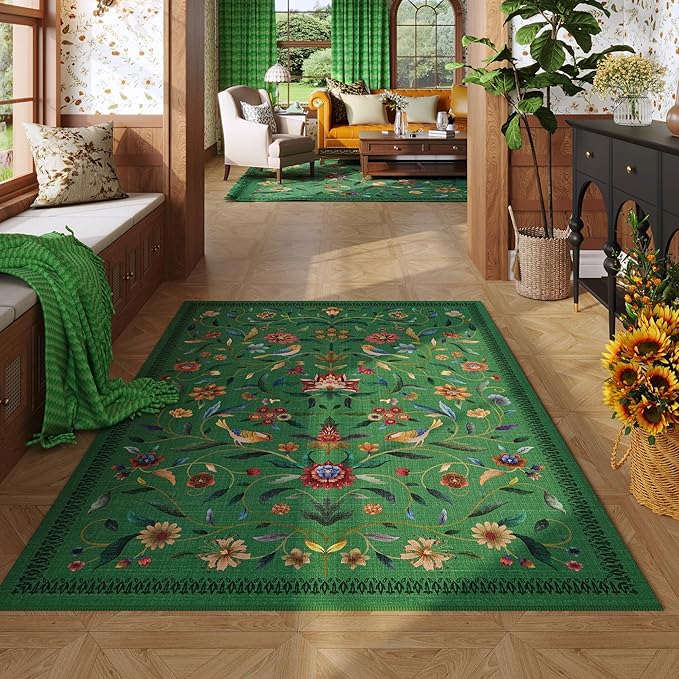 Vintage Medallion Floral 3x5 Washable Rug, Soft Low Pile Area Rug, Non-Slip Carpet for Bedside, Bedroom, Bathroom, Entryway, Kitchen, Office, Kids/Girls Room | Green