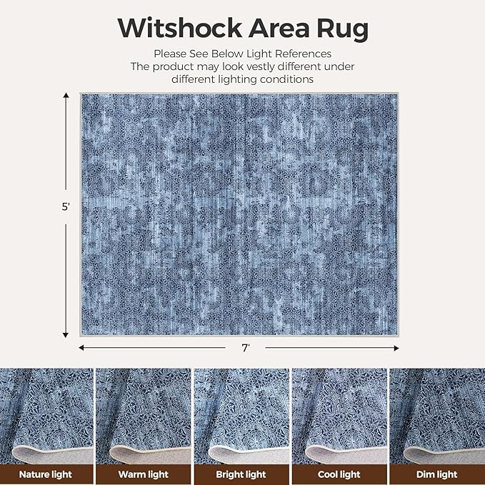 WITSHOCK 5x7 Area Rugs for Living Room: Machine Washable Non Slip Modern Abstract Carpet - Low Pile Print Rug for Bedroom Dining Room - Stain Resistant for Household - Pet Owners (Blue White)