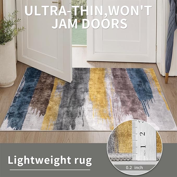 Ciicool Modern Abstract Area Rug 2x3 Washable Small Entryway Rugs, Non-Slip Low Pile Throw Rug, Foldable Kitchen Bathroom Rugs, Yellow Grey Blue Floor Carpet for Entrance Bedroom Indoor Doormat