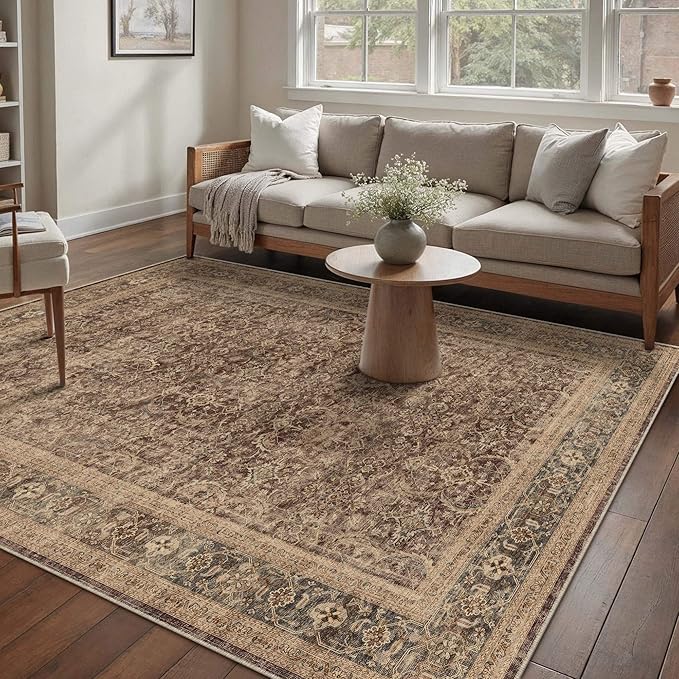 HUGEAR 5x7 Area Rug Brown Washable Bedroom Rug Vintage Neutral Soft Non Slip Distressed Carpet Low Pile Pet Friendly for Living Room Bedside Dining Room