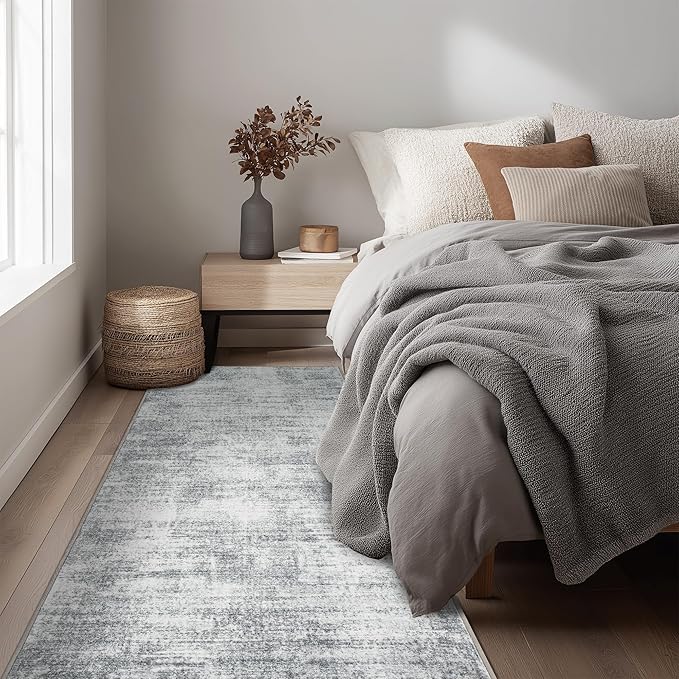 Modern Abstract Neutral 3x8 Runner Rug for Hallway Low Pile Non Slip Washable Rugs Floor Covering Grey Carpet Runners for Kitchen Laundry Room