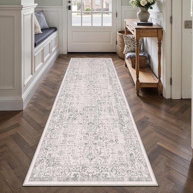 Gray Runner Rug 2x8 Hallway Machine Washable Kitchen Vintage Distressed Non Slip Long Carpet Indoor Grey Retro Floral Bedroom Accent Throw Rug for Bathroom Office Laundry Dining Living Room