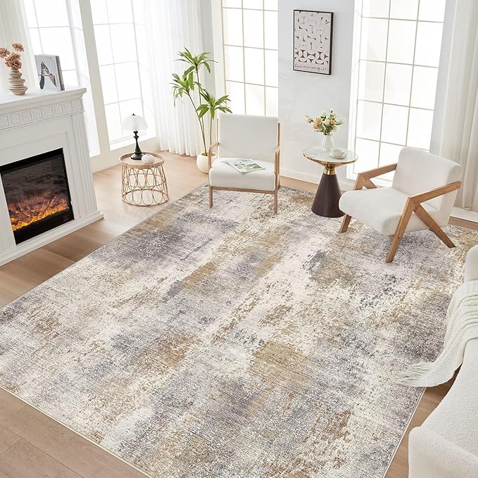 Area Rug Living Room Rugs - 10x12 Washable Large Soft Indoor Neutral Modern Abstract Low Pile Rug Carpet for Bedroom Dining Room Farmhouse Home Office - Brown Grey