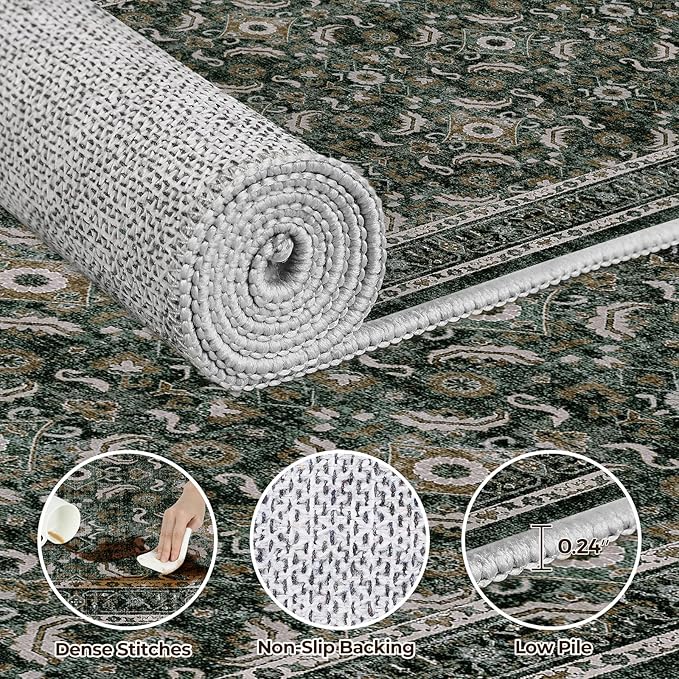 WITSHOCK Washable 2x4 Entryway Area Rug: Soft Non-Slip Backing Washable Rugs Vintage Flower Boho Accent Small Rugs for Bedroom, Kitchen, Bathroom, Nursery Entrance,Dark Green