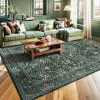 8x10 Floral Washable Area Rug for Living Room, Vintage Boho Large Rugs for Bedroom Dining Room, Botanical Birds Non Slip Low Pile Forest Throw Carpet for Farmhouse Office, Retro Green/Blue