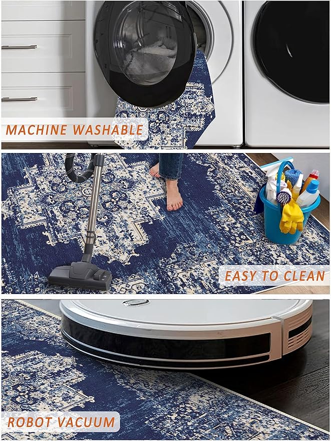 vivorug 5x7 Area Rugs - Ultra-Thin Washable Rug with Non-Slip Backing, Ideal for Living Room, Bedroom, Kitchen Floor Carpet - Vintage, Easy Clean, Durable, Navy Blue