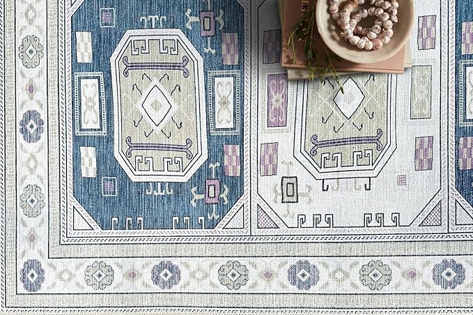 Fame Living Faded Oushak Rug, Turkish Vintage Floral Pastel Large Oversized Area Rugs for Living Room Dining Bedroom Kitchen Bathroom Nursery (848CrNv, 7'5" x 9'8")