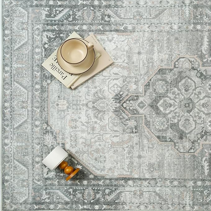 2x6 Grey Washable Vintage Runner Rug for Living Room Bedroom Non Slip Distressed Traditional Soft Runner Rug Low Pile Lightweight Floral Runner Kitchen Hallway Entrance