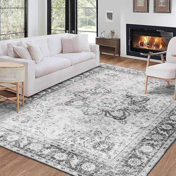 ReaLife Rugs Machine Washable Area Rug - Living Room Bedroom Bathroom Kitchen Entryway Office - Padded Low Pile Stain Resistant Premium - Boho Farmhouse Vintage - Joy - Gray 5' x 7'
