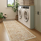 DUKINO 2.6x8 Runner Rug for Hallway, Washable Vintage Floral Kitchen Rug with Non Slip Backing, Soft Low Pile Throw Carpet Runner for Kitchen, Laundry, Hallway, Bathroom, Beige