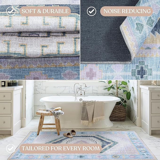 Fame Living Washable Area Rug. Modern Farmhouse. Vintage. Turkish. Bohemian. Distressed. Oriental. Traditional. Rugs for Living Room. Dining. Bedroom. Office. Entryway. Foyer. (856PBl, 5' x 6'9")