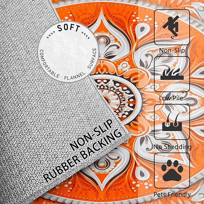 Mandala Rugs 5x7 -Orange Mandala Rug, 3x4 ft, Vintage Meditation Area Rugs for Bedroom, Hippie Spiritual Washable Carpet for Entryway, Kitchen, Boho Vintage Floral Home Decor & Gifts