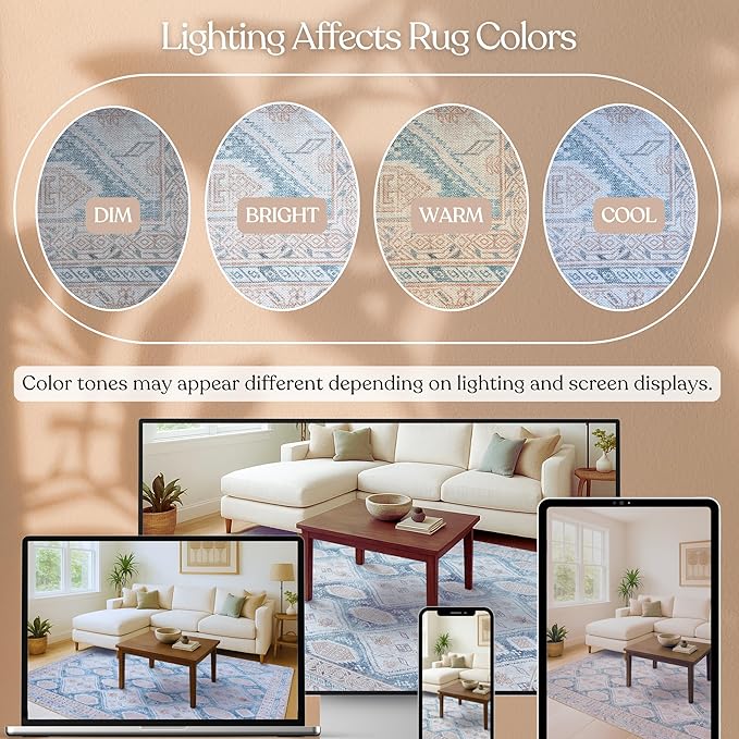 Washable Area Rug. Modern Farmhouse. Vintage. Turkish. Bohemian. Distressed. Oriental. Traditional. Rugs for Living Room. Dining. Bedroom. Office. Entryway. Foyer. (852CB, 5'9 x 8'9)