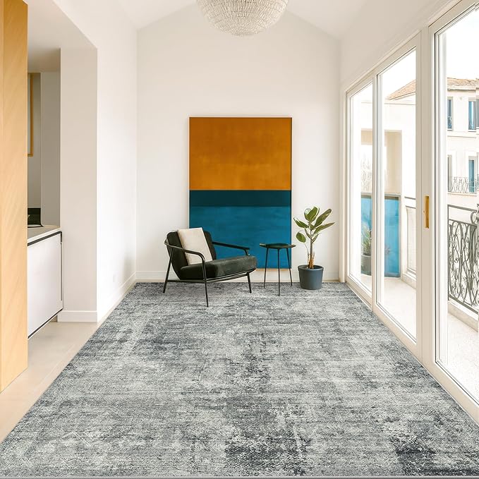 Slate Blue Abstract 5x7 Rug for Office - Dark Grey and Blue Bedroom Rug for Living Room, Washable, Non Slip & Soft, Medallion Indoor Décor