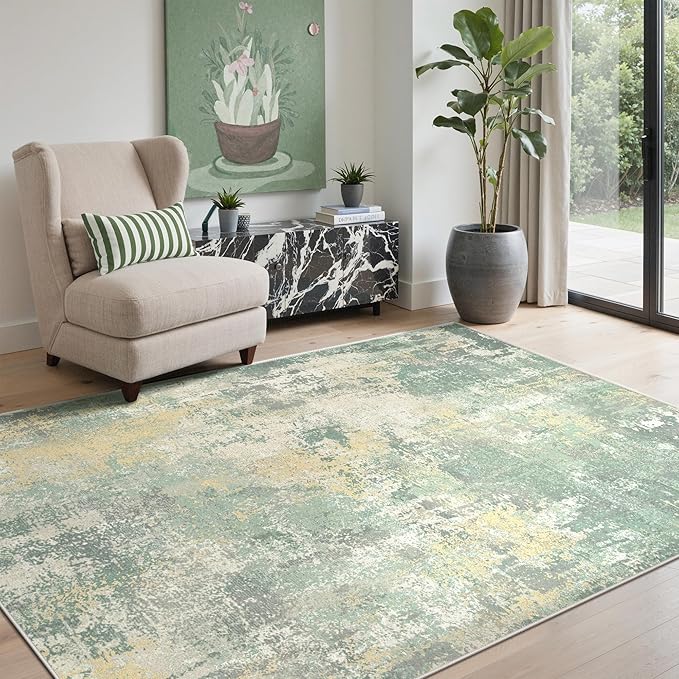 5x7 Area Rugs Washable Green Rug for Living Room Bedroom, Abstract Modern Large Rug Non Slip, Water Repellent Low Pile Soft Carpet for Dining Room, Grey Green