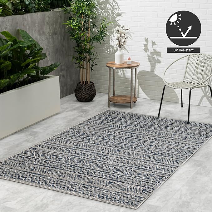 FH Home Flat Woven Outdoor Rug - Waterproof, Easy to Clean, Stain Resistant - Premium Polypropylene Yarn - Striped Boho - Patio, Porch, Deck, Balcony - Amman - Blue - 5ft 2in x 7ft 6in