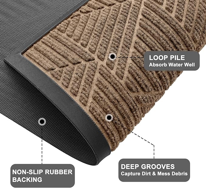 Kitinjoy Front Door Mat Outside Entrance, Sturdy Natural Dirt Trapper, Heavy Duty Rubber Doormat, Low Profile Non-Slip Backing, Easy Clean Mat for Indoor Outdoor, 47X32 Inch, Coffee