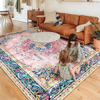 Area Rug 4x6.5 Pink Boho Rug Washable Vintage Rug for Kitchen Living Room Bedroom Bathroom Office Low Pile Non Slip Indoor Floor Carpet