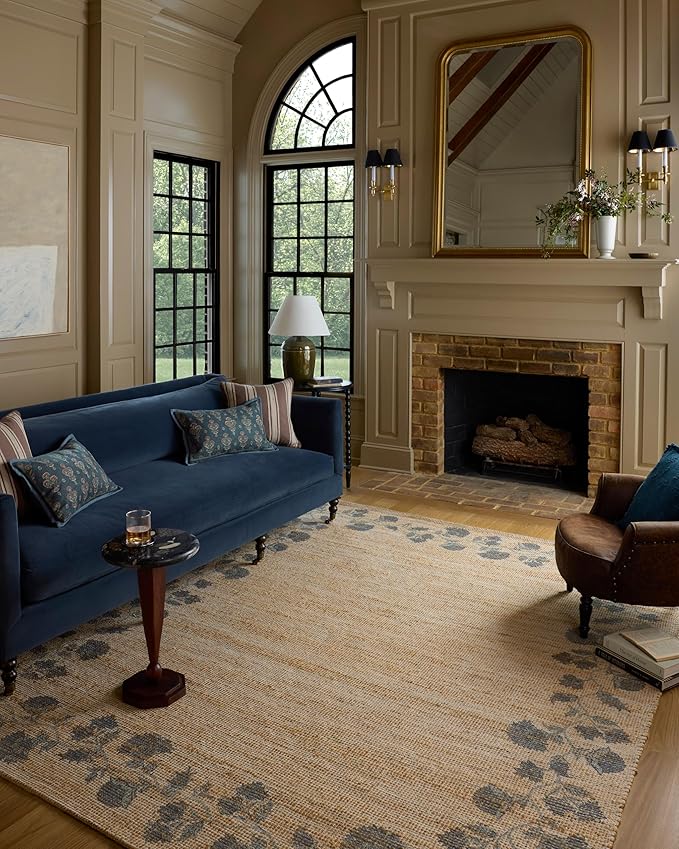 Loloi Chris Loves Julia Rue Collection RUE-05 Natural/Denim 7'-6" x 9'-6" Area Rug Jute Neutral Floral Living Room Bedroom Rug