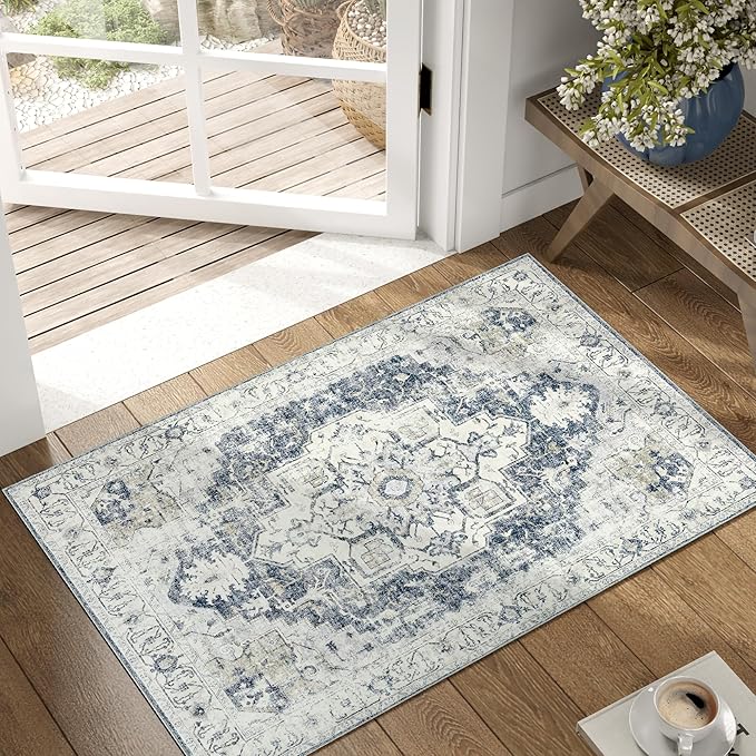 jinchan Kelda Area Rug 2x3 Entryway Rug Washable Soft Indoor Vintage Floor Cover Retro Distressed Mat Accent Lightweight Non-Slip Carpet for Entrance Bathroom Kitchen Living Room Bedroom Grey