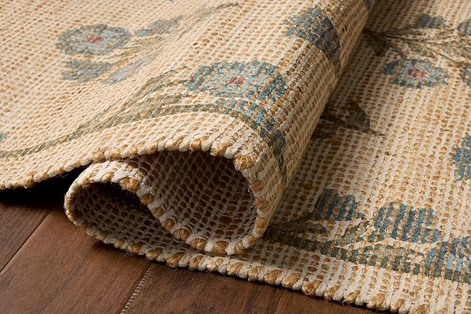 Loloi Chris Loves Julia Rue Collection RUE-04 Moss/Blue 7'-6" x 9'-6" Area Rug Jute Neutral Floral Living Room Bedroom Rug