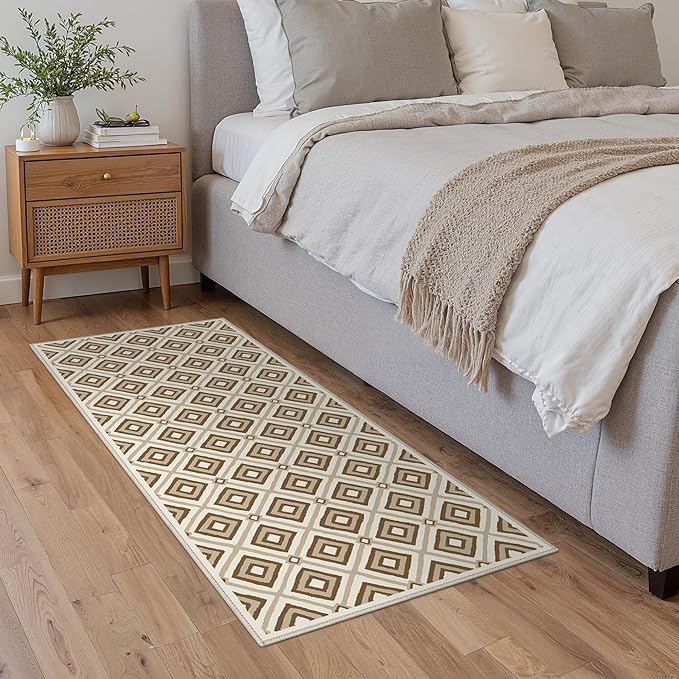 Bavni Hallway Runner Rug Machine Washable, 2x5 Non Slip Lightweight Washable Runners, Moroccan Checkered Rug for Entryway Laundry Kitchen Bathroom Corridor Bedside, Yellow Brown