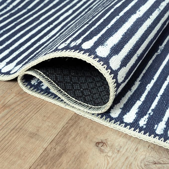 Bloom Rugs Washable Non-Slip 2' x 3' Rug - Blue Striped Area Rug for Living Room, Bedroom, Dining Room, and Kitchen - Exact Size: 2' x 3'