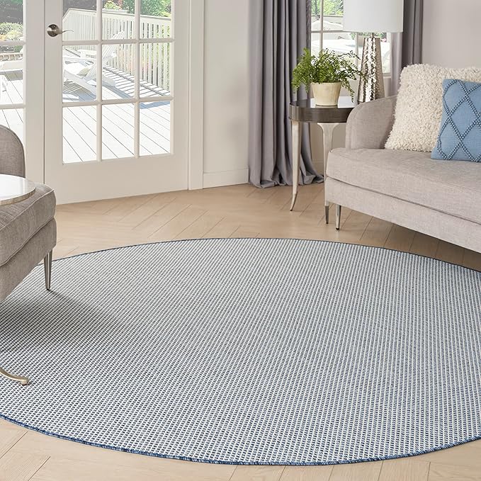 Nourison Home Courtyard Ivory Blue 8' x Round Area Rug - Easy Clean, Non Shedding, Bed Room, Living Room, Dining Room, Kitchen (8' x Round)