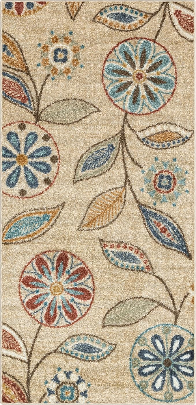 Maples Rugs Reggie Floral Runner Rug - Made in USA - Washable, Non Slip Indoor Carpet for Kitchen, Hallway, and Laundry Room, 2'6" x 5', Beige