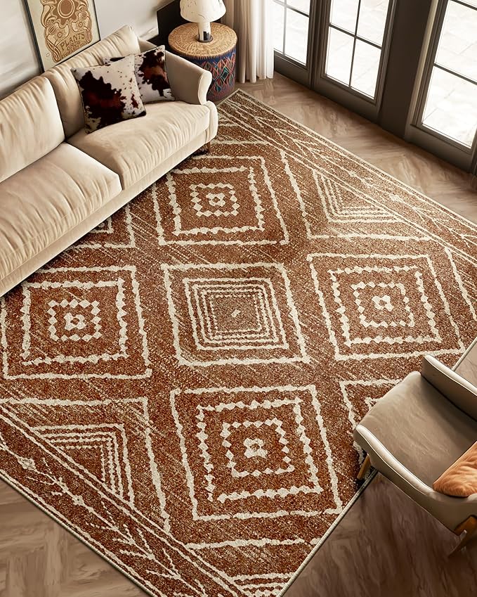 Area Rug 7x9 Rug Machine Washable Non-Slip Low Pile Print Pattern Western Rug for Living Room Bedroom Entryway Tribal Series-Yellowbrown/Cream