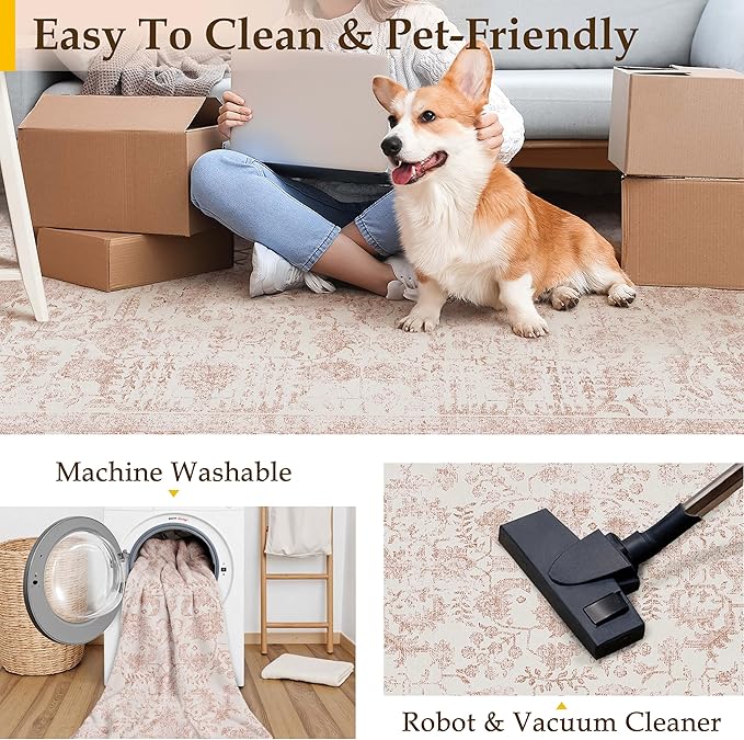 Pink Area Rug 3x4 Office Entryway Rug Machine Washable Kitchen Vintage Distressed Non Slip Carpet Indoor Retro Floral Accent Throw Door Mat for Bathroom Bedroom Dining Living Room