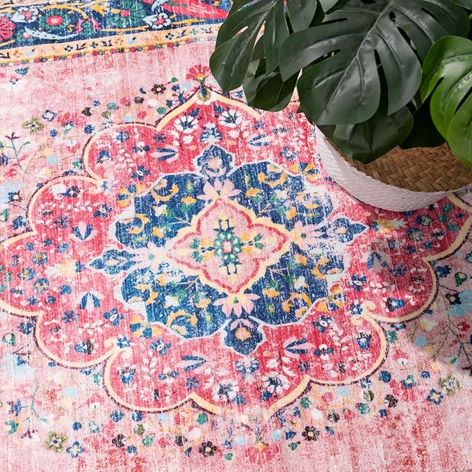 Area Rug 4x6.5 Pink Boho Rug Washable Vintage Rug for Kitchen Living Room Bedroom Bathroom Office Low Pile Non Slip Indoor Floor Carpet