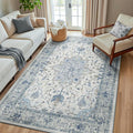 Area Rugs 5'x8' Washable Non-Slip, Floral Vintage Distress Print Pattern Medallion Carpet for Living Room Bedroom Dining Room, Light Blue Navy Beige Gray White
