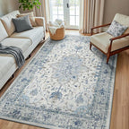 Area Rugs 5'x8' Washable Non-Slip, Floral Vintage Distress Print Pattern Medallion Carpet for Living Room Bedroom Dining Room, Light Blue Navy Beige Gray White