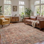 9x12 Area Rug Machine Washable Boho Rug for Living Room,Ultra-Thin Low Pile Carpet,Lightweight Indoor Printed Rug,Non Slip Floral Area Rug for Bedroom, Dining Room, Home Office,Terracotta/Indigo