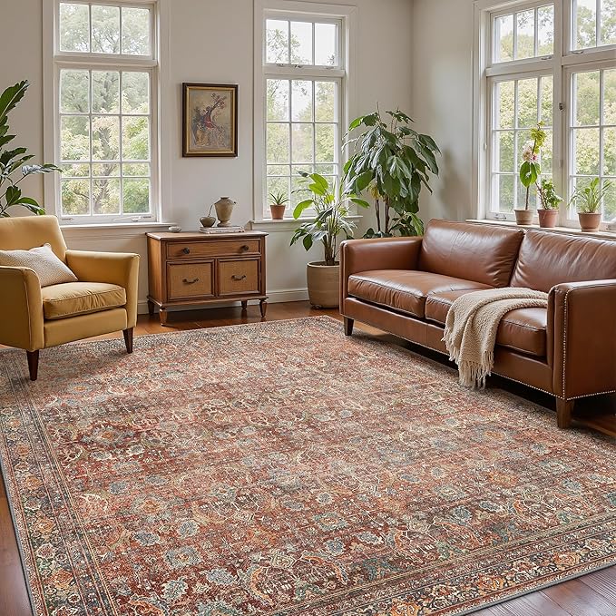 6x9 Area Rug Machine Washable Boho Rug for Living Room,Ultra-Thin Low Pile Carpet,Lightweight Printed Rug,Non Slip Floral Area Rug for Bedroom, Dining Room, Home Office,Terracotta/Indigo