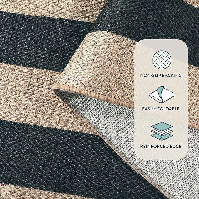 Lahome Striped Easy Jute Dining Room Rug, 6x9 Indoor Outdoor Rugs for Patio Living Room, Farmhouse Neutral Non Slip Low Pile Black Carpet for Bedroom Office Backyard Classroom