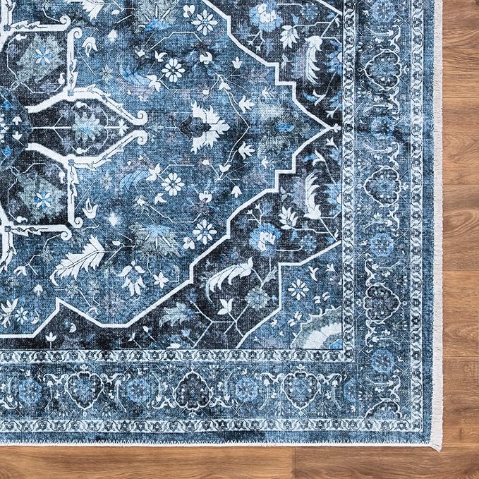 Bloom Rugs Caria Washable Non-Slip 3x5 Rug - Blue/Charcoal Traditional Area Rug for Living Room, Bedroom, Dining Room, and Kitchen - Exact Size: 3' x 5'