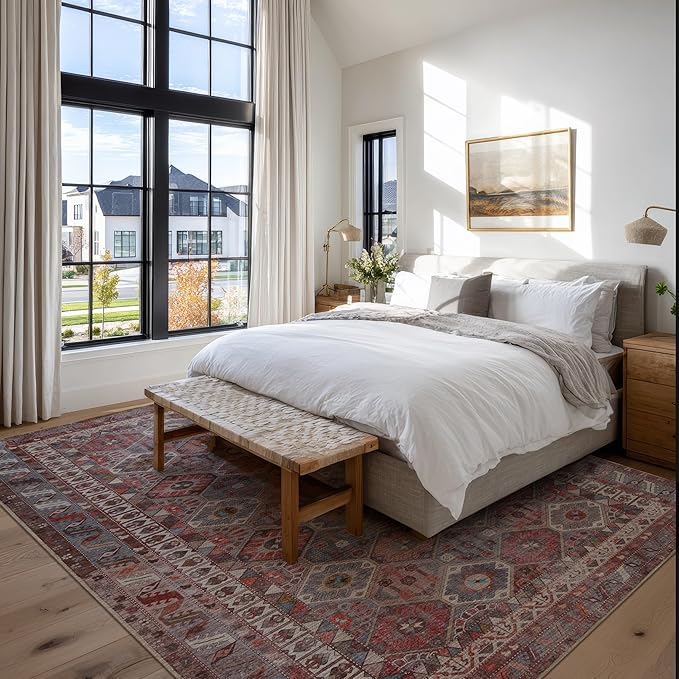 Kuden 4x6 Area Rug, Machine Washable Area Rug with Non-Slip Backing, Vintage Style, Soft, Easy Clean, Low Pile Rug for Living Room, Bedroom, Dining Room