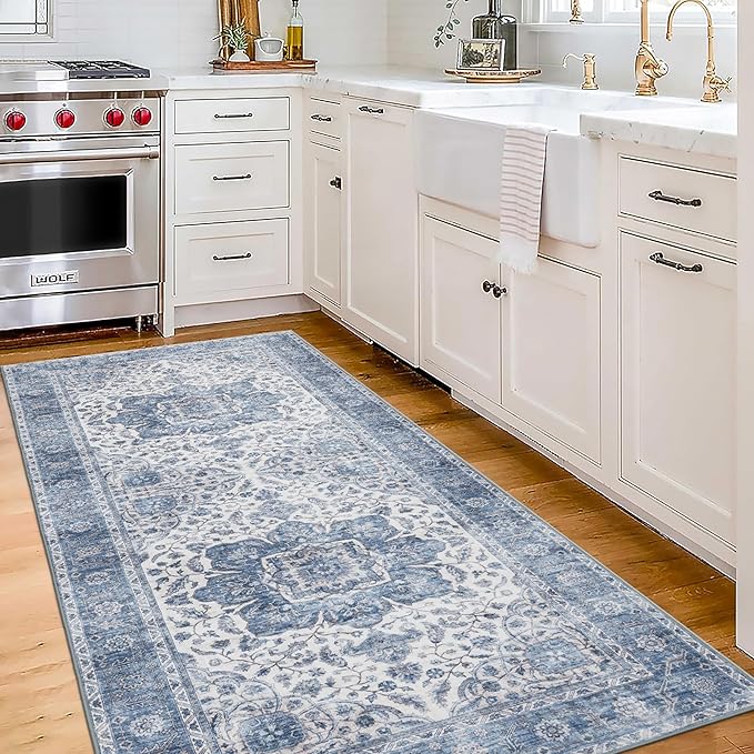 ReaLife Rugs Machine Washable Area Rug Runner - Living Room Bedroom Bathroom Kitchen Entryway Office - Padded Low Pile Stain Resistant Premium - Boho Farmhouse Vintage - Joy - Blue Ivory 2'6" x 6'