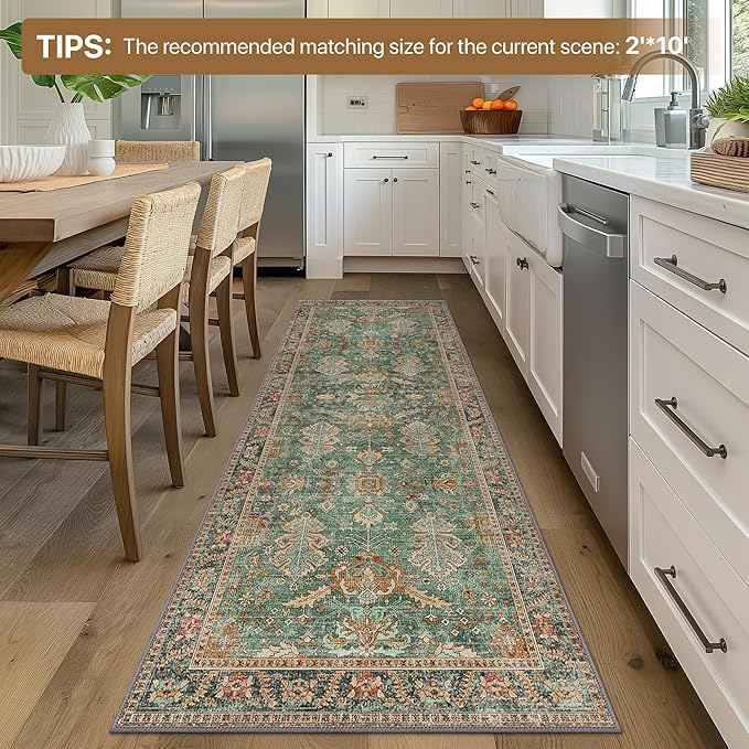 2x5 Hallway Runner Rugs Non Slip Washable Runner for Entryway Bathroom Kitchen Bedroom, Boho Green Runner, Thin Low Pile Chenille Carpet with Rubber Backing, Dark Sage/Gold