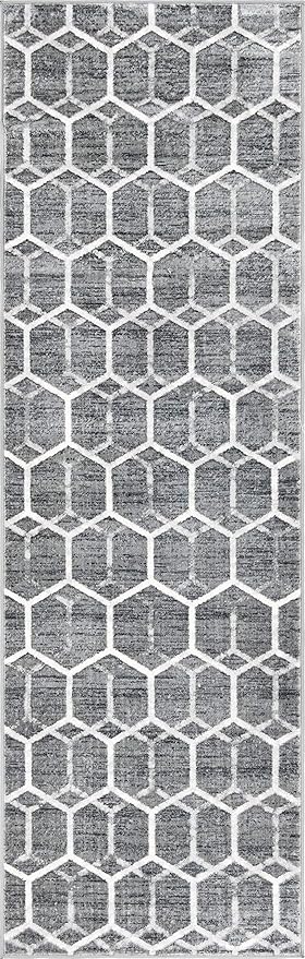 Rugs.com Lattice Trellis Collection Rug – 10 Ft Runner Gray Low-Pile Rug Perfect for Hallways, Entryways