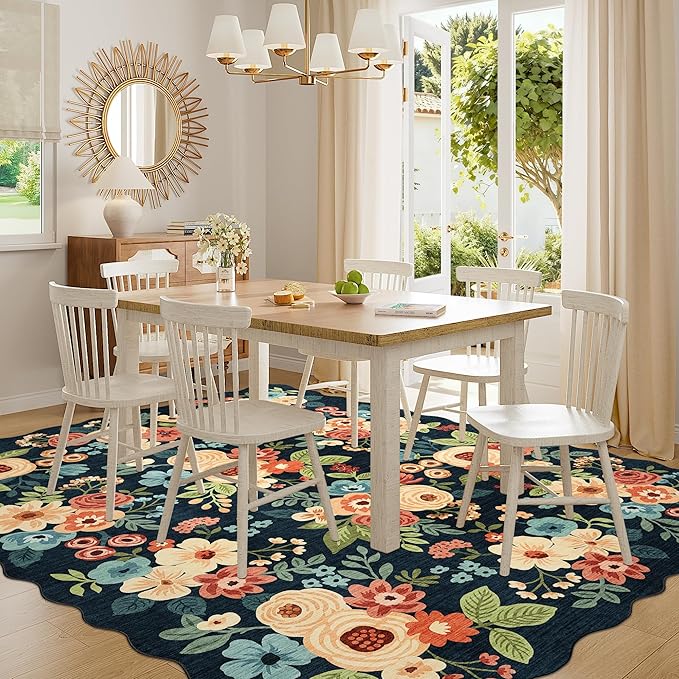 DUKINO 8x10 Area Rug, Floral Washable Rugs for Living Room with Non Slip Backing & Non-Shedding, Lightwight Low Pile Boho Design Large Carpets for Bedroom, Living Room, Dining Room, Navy Blue