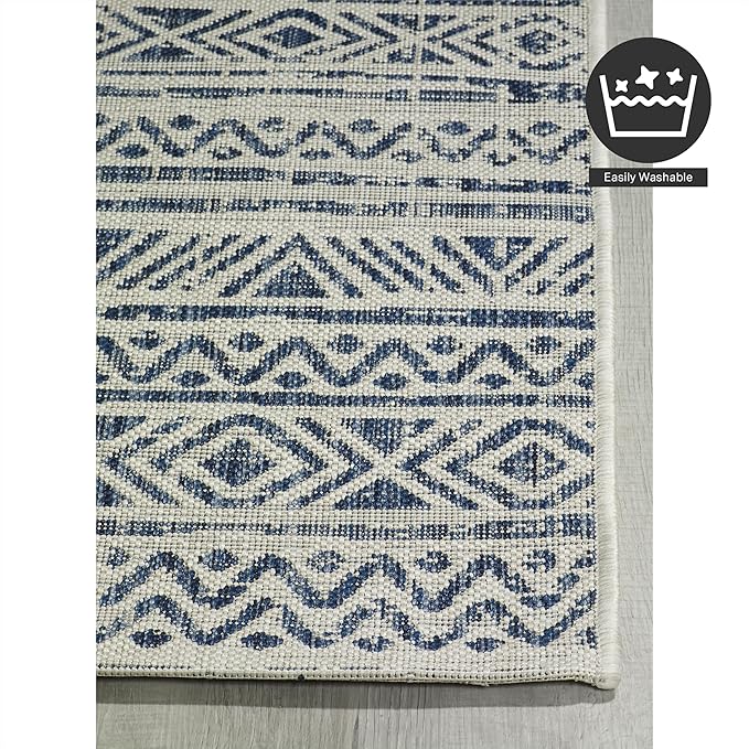 FH Home Flat Woven Outdoor Rug - Waterproof, Easy to Clean, Stain Resistant - Premium Polypropylene Yarn - Striped Boho - Large Patio, Deck, Sunroom - Amman - Blue - 7ft 8in x 9ft 8in