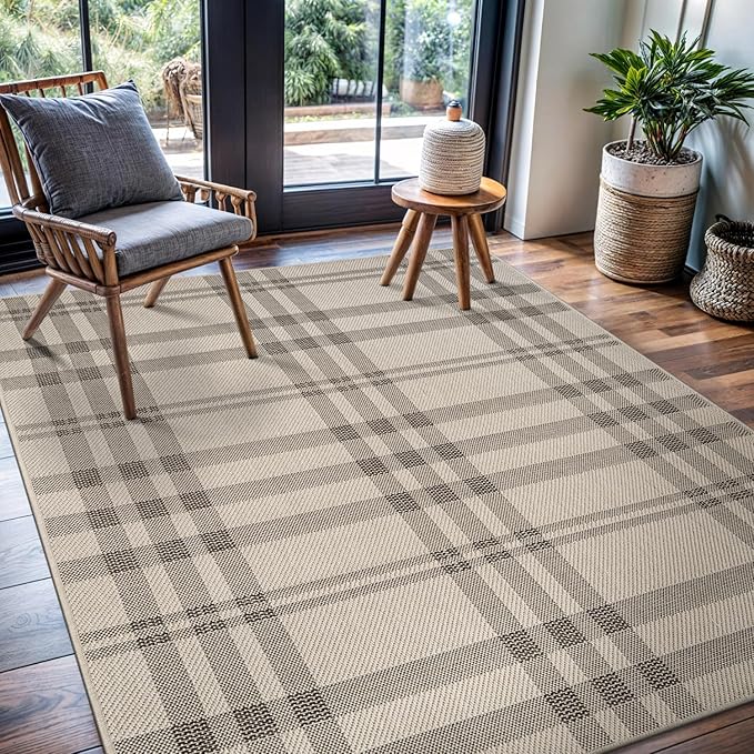CAMILSON Easy Jute Rug 6x9, Indoor Outdoor Off-White Color Fiber Area Rugs for Entry, Living Room and Farmhouse Rug, Checkred Boho Woven Design, Easy-Cleaning, Washable Outside Carpet (6 x 9)
