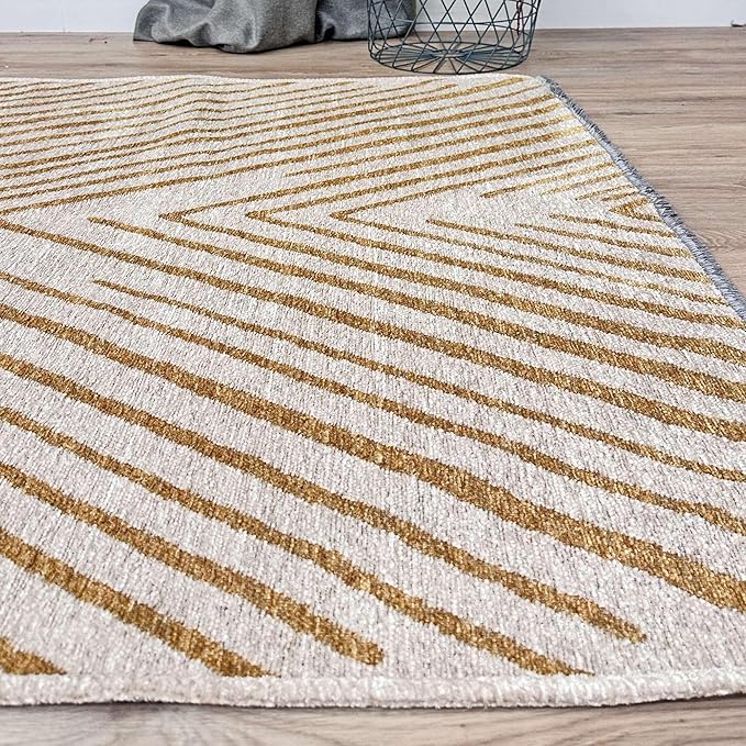 Alfa Rich 3x5 Geometric Gold Off White Washable Area Rugs for Living Room Bedroom Cotton Runner