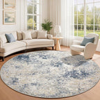 8ft Washable Round Rug - 8x8 Area Rugs Modern Abstract Rugs for Living Room Non-Slip Low Pile Soft Machine Washable Carpet for Bedroom, Living Room, Dining Room, Nursery, Farmhouse (8'x8' Beige Blue)