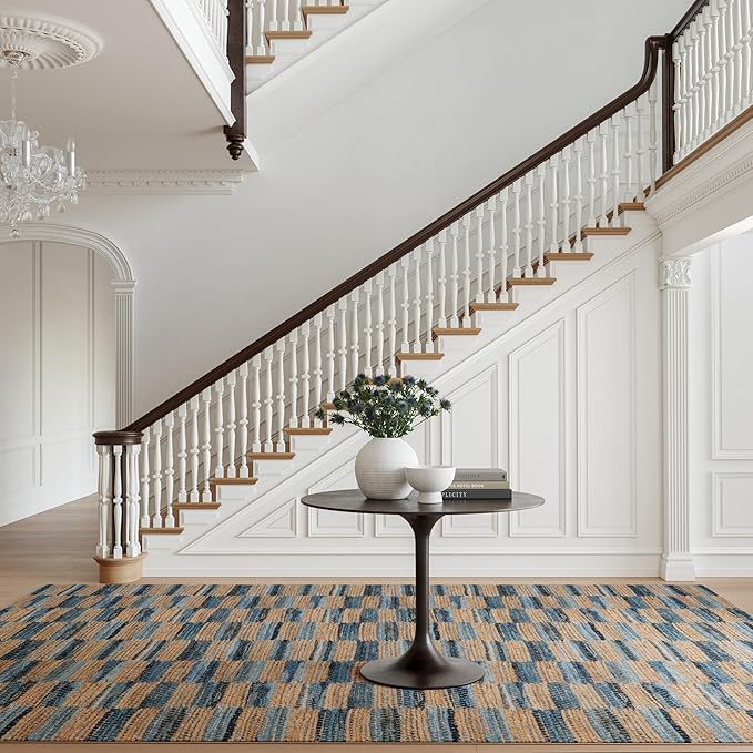 Dash & Albert Ravel Stripe Blue Machine Washable Rug, 6 X 9 Feet, Tan/Blue Stripe Pattern
