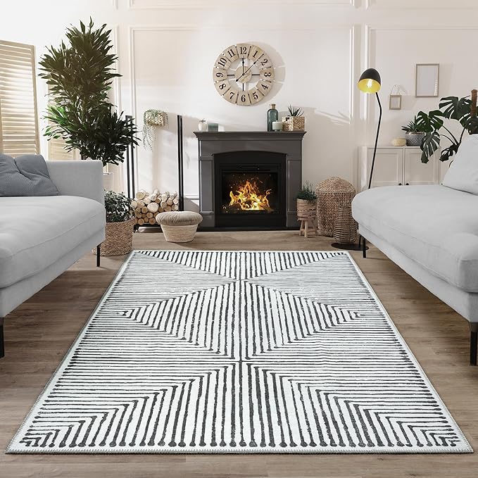 Bloom Rugs Washable Non-Slip 5' x 7' Rug - Black/Ivory Striped Area Rug for Living Room, Bedroom, Dining Room, and Kitchen - Exact Size: 5' x 7'